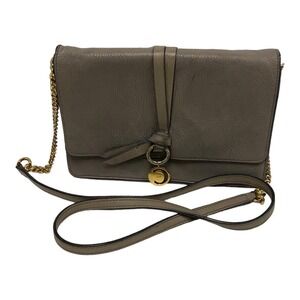 Chloe Alphabet Crossbody Bag Gray Leather Saddle Chain Link Shoulder Strap Gold